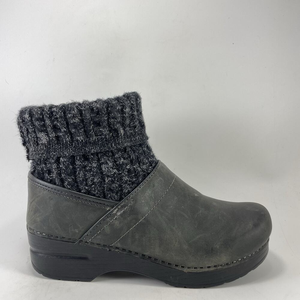 Dansko Chloe Gray Leather Knit Cuff Clog Boots Womens Size 38, US 7.5-8 Booties